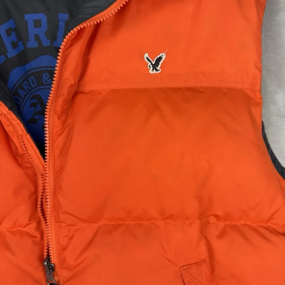 Vtg Y2K American‎ Eagle Reversible Down Puffer Vest Men's XL Orange Black Logo